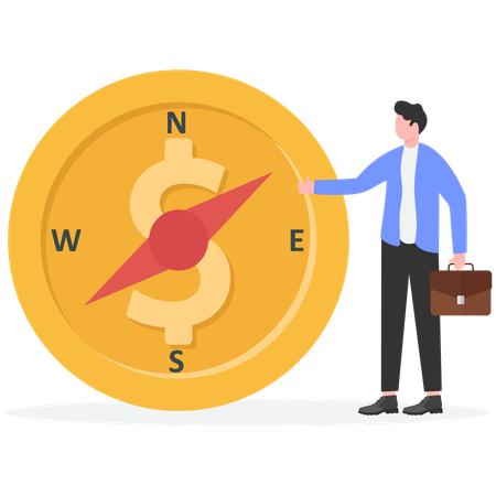 Businessman showing money direction while find difficult solution  Illustration