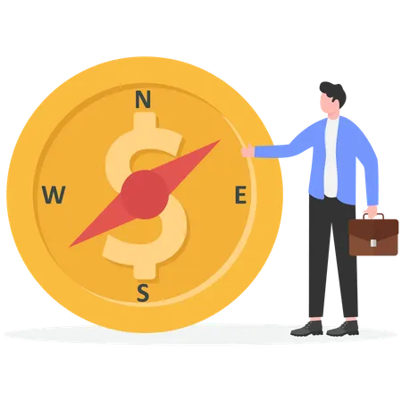 Businessman showing money direction while find difficult solution  Illustration