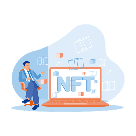 Businessman Showing NFT Hologram And Data Blocks Illustration