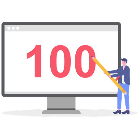 画面に100という数字を表示しているビジネスマン  イラスト