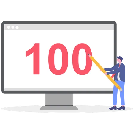 画面に100という数字を表示しているビジネスマン  イラスト