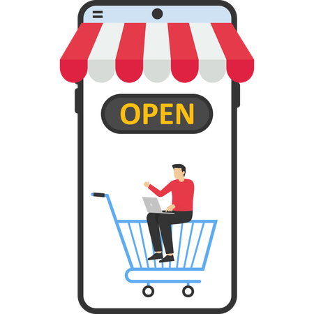 Businessman showing online small open business  Illustration