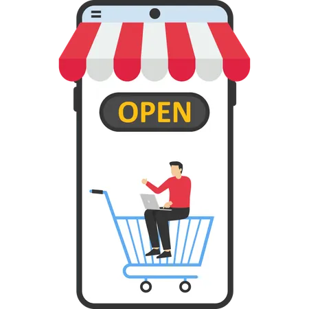 Businessman showing online small open business  Illustration