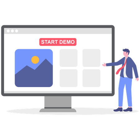 Businessman showing photo while prominent demo start button  Illustration