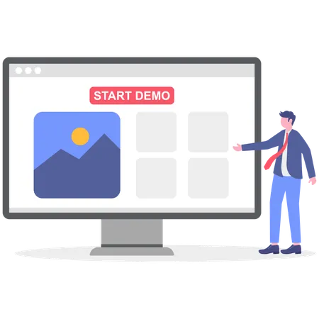 Businessman showing photo while prominent demo start button  Illustration
