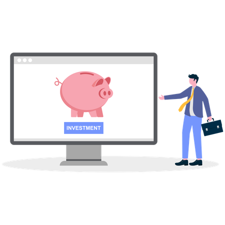 Businessman showing piggy bank in computer  Illustration