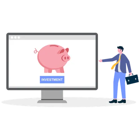 Businessman showing piggy bank in computer  Illustration