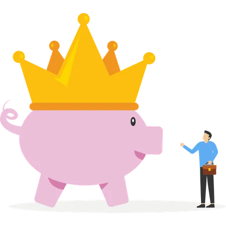 Businessman showing Pink piggy bank with gold crown  Illustration