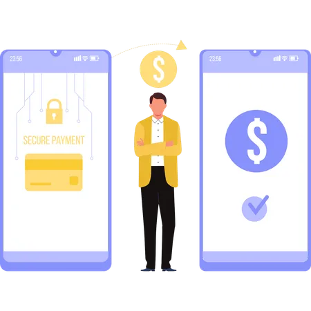 Guy Showing Secure Payment Transfer Illustration
