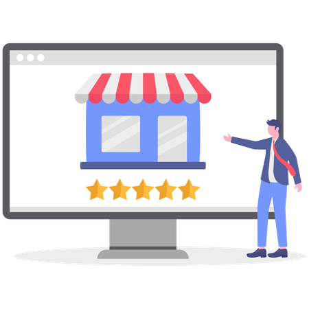 Businessman showing store review on computer  Illustration