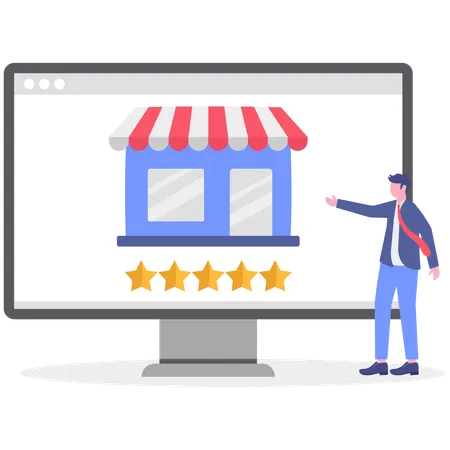 Businessman showing store review on computer  Illustration