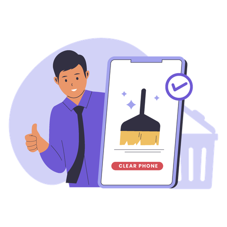 Businessman showing thumbs up while  looking Junk cleaner app  Illustration