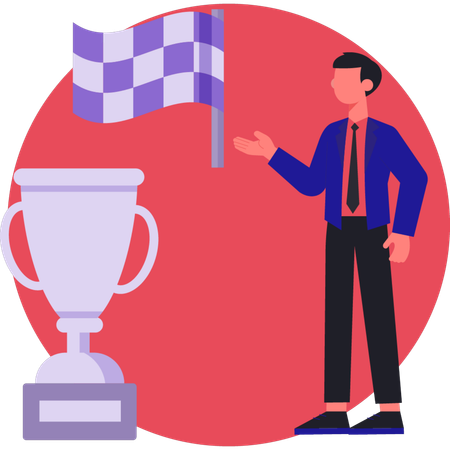 Businessman showing trophy and sports flag  Illustration