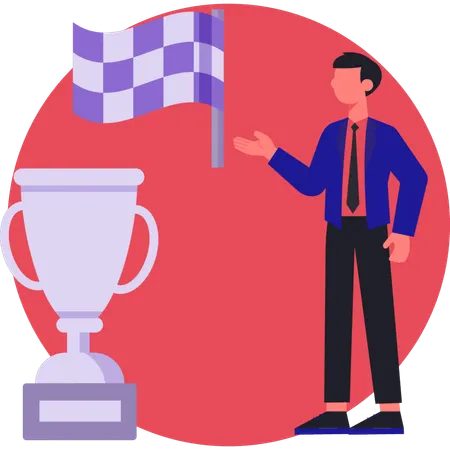 Businessman showing trophy and sports flag  Illustration
