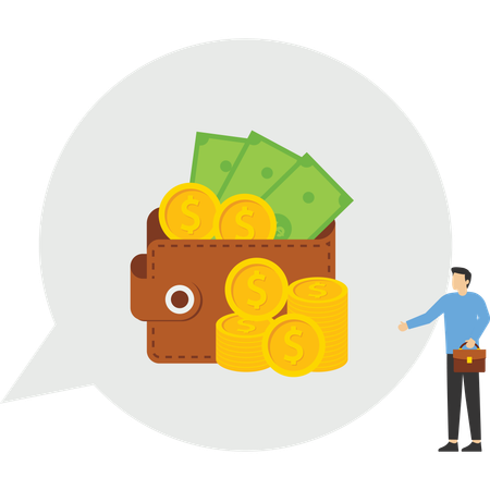 Businessman showing wallet while doing financial chat  Illustration