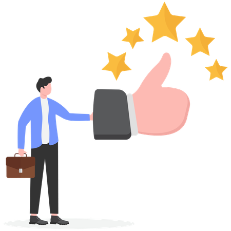 Businessman shows a five-star thumbs up symbol to increase their score  Illustration