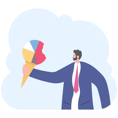 Business Man Hold Ice Cream Cone In Hand Ice Cream In The Form Of Diagram And Businessman Take A Nibble Of It Marketing Concept Vector Illustration Flat Illustration