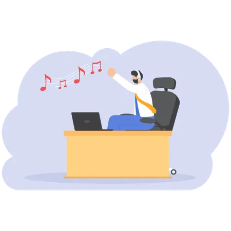 Businessman Singing And Listening To Music With Headphones At Work Illustration Vector Cartoon Illustration