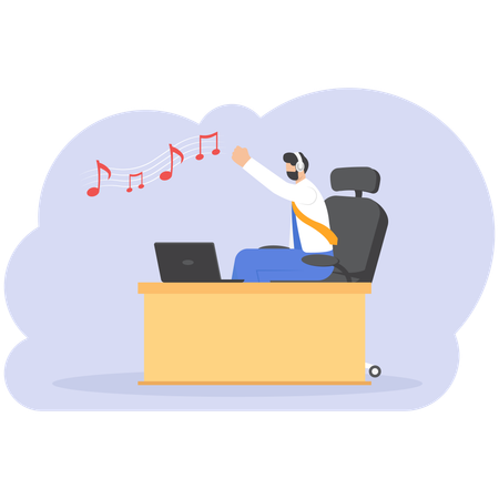 Businessman singing and listening to music with headphones at work  Illustration