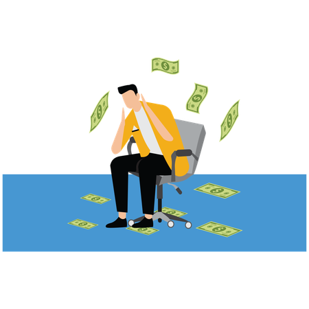 Businessman sitting and looking up with dollar bills scattered  Illustration