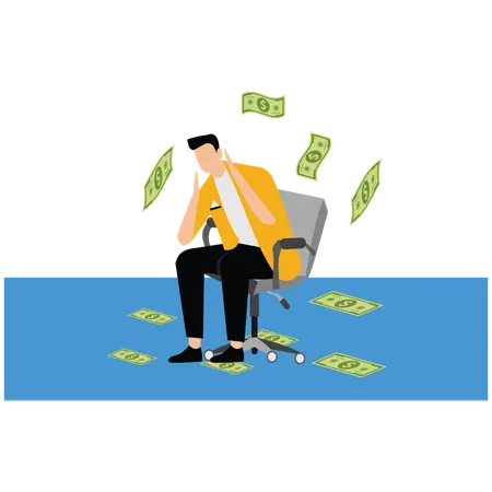 Businessman sitting and looking up with dollar bills scattered  Illustration