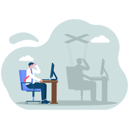 Businessman sitting at office desk and his shadow hanging on strings like puppet  Illustration