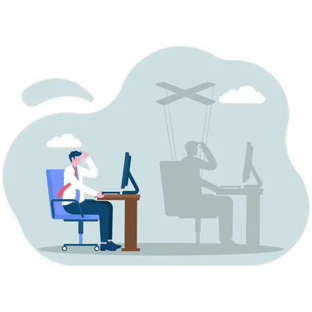 Businessman sitting at office desk and his shadow hanging on strings like puppet  Illustration