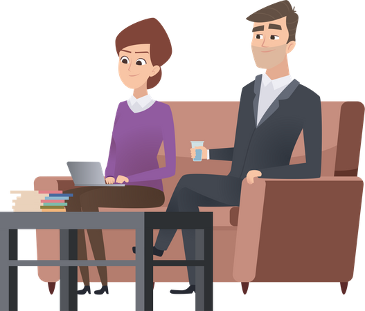 Businessman sitting at office with assistant on couch  Illustration