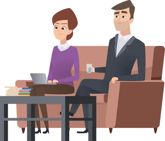 Businessman sitting at office with assistant on couch  Illustration