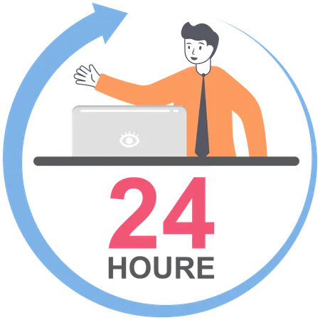 Customer Service 24 Hours Businessman Sitting At The Table And Working Online On A Laptop Vector Illustration Flat Illustration
