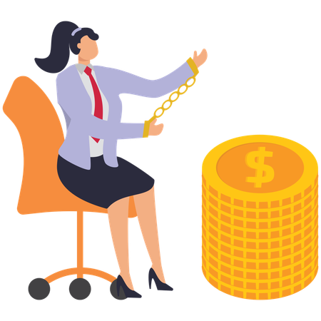 Businessman sitting back with her hands cuffed to chair while nearby pile of gold coins  Illustration