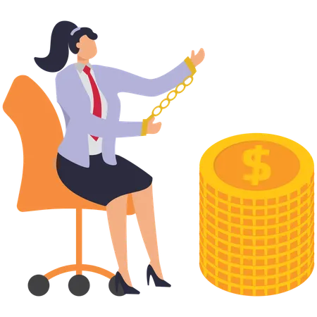 Businessman sitting back with her hands cuffed to chair while nearby pile of gold coins  Illustration