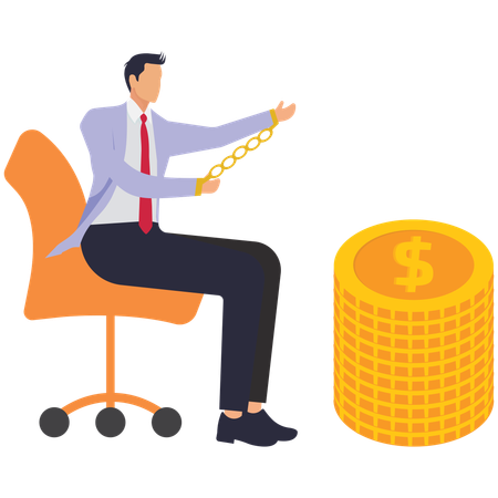 Businessman sitting back with his hands cuffed to chair while nearby pile of gold coins  Illustration
