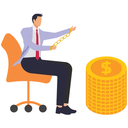 Businessman sitting back with his hands cuffed to chair while nearby pile of gold coins  Illustration