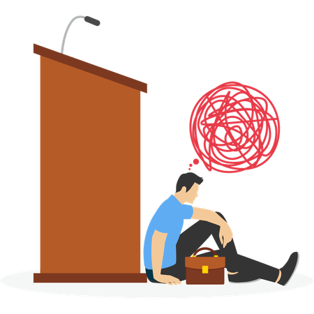 Businessman sitting hidden behind public speaking podium  Illustration