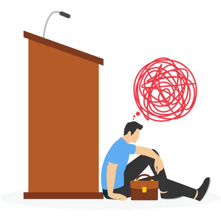 Businessman sitting hidden behind public speaking podium  Illustration