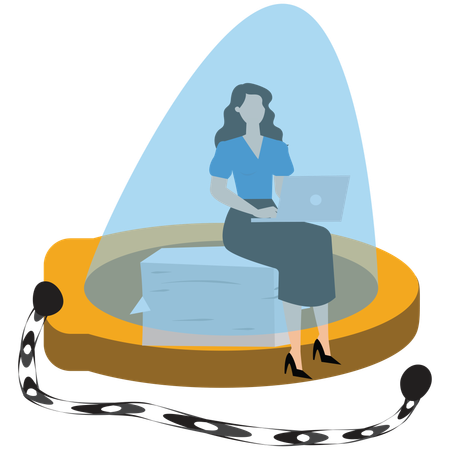 Businessman sitting holding laptop in golden handcuffs  Illustration
