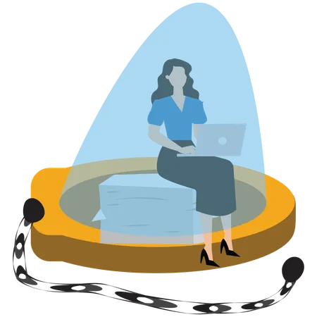 Businessman sitting holding laptop in golden handcuffs  Illustration
