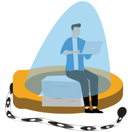 Businessman sitting holding laptop in golden handcuffs  Illustration