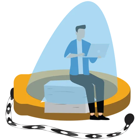 Businessman sitting holding laptop in golden handcuffs  Illustration