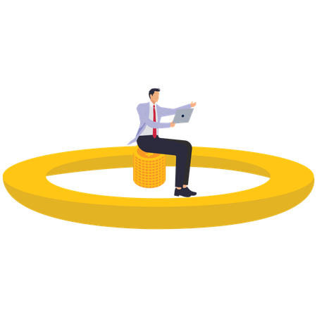 Businessman sitting holding laptop in golden handcuffs  Illustration