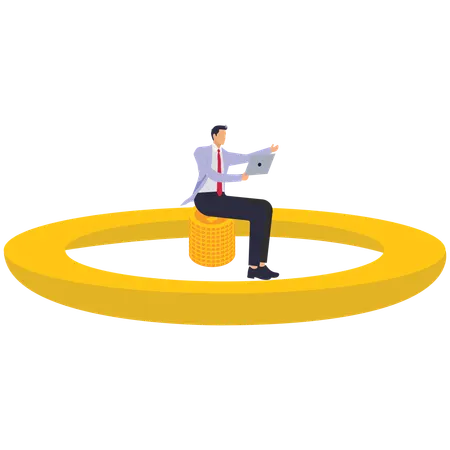 Businessman sitting holding laptop in golden handcuffs  Illustration