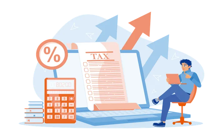 Businessman sitting in front of laptop calculating income and checking tax virtual documents  Illustration