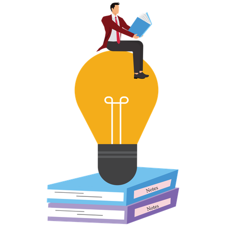 Businessman sitting in light bulb and reading the book  Illustration