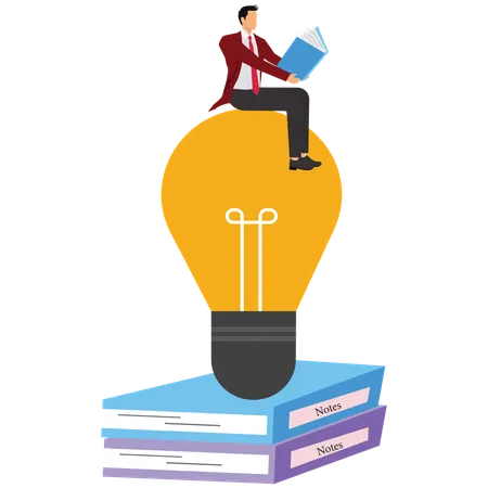Businessman sitting in light bulb and reading the book  Illustration