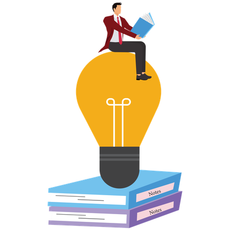Businessman sitting in light bulb and reading the book  Illustration
