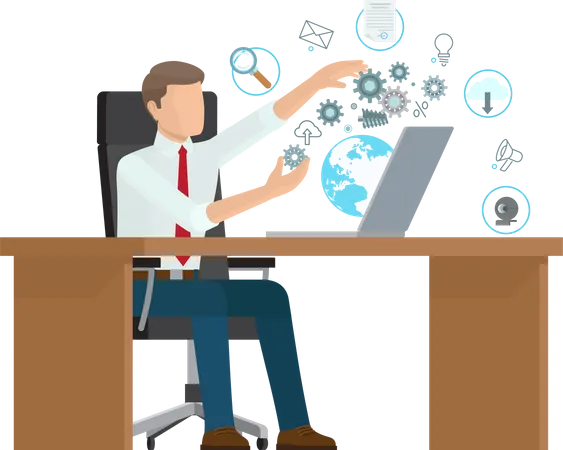 Businessman sitting in office and working globally Illustration
