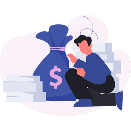 Businessman sitting next to bag of money  Illustration