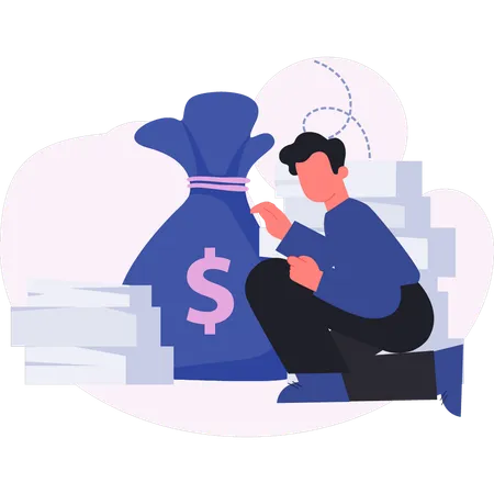 Businessman sitting next to bag of money  Illustration