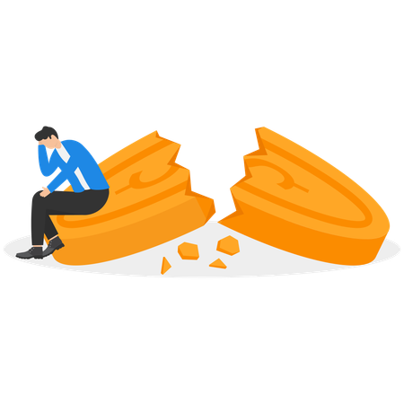 Businessman sitting on a broken coin  Illustration